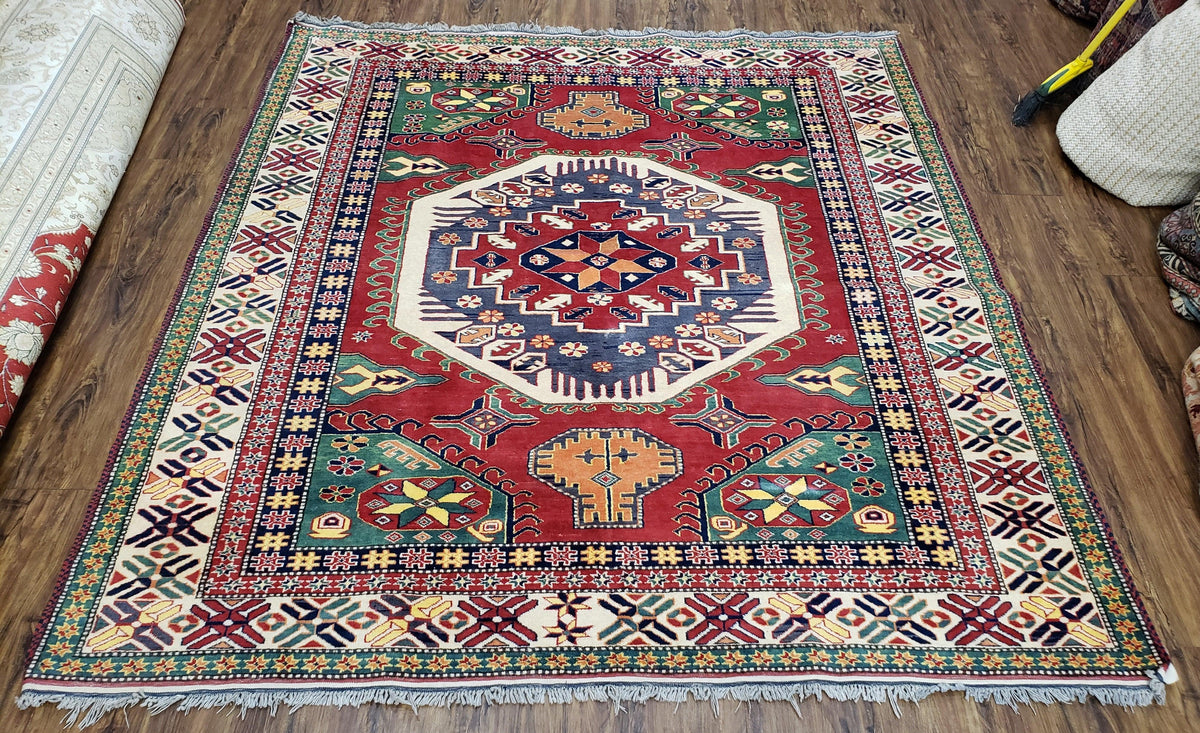 Vintage Turkish Kazak Area Rug, 6ft Square Rug, 6x6 Square Oriental Carpet, Hand-Knotted, Wool, Bold Colors, Red Blue Green, Geometric Rug - Jewel Rugs, view 2