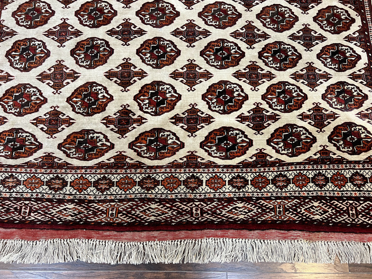 Persian Turkoman Rug 7x8, Almost Square Rare, Hand Knotted, Yamud, Bohemian Rug, Handmade Tribal Rug, Cream Red, Handmade Oriental Carpet - Jewel Rugs, view 6