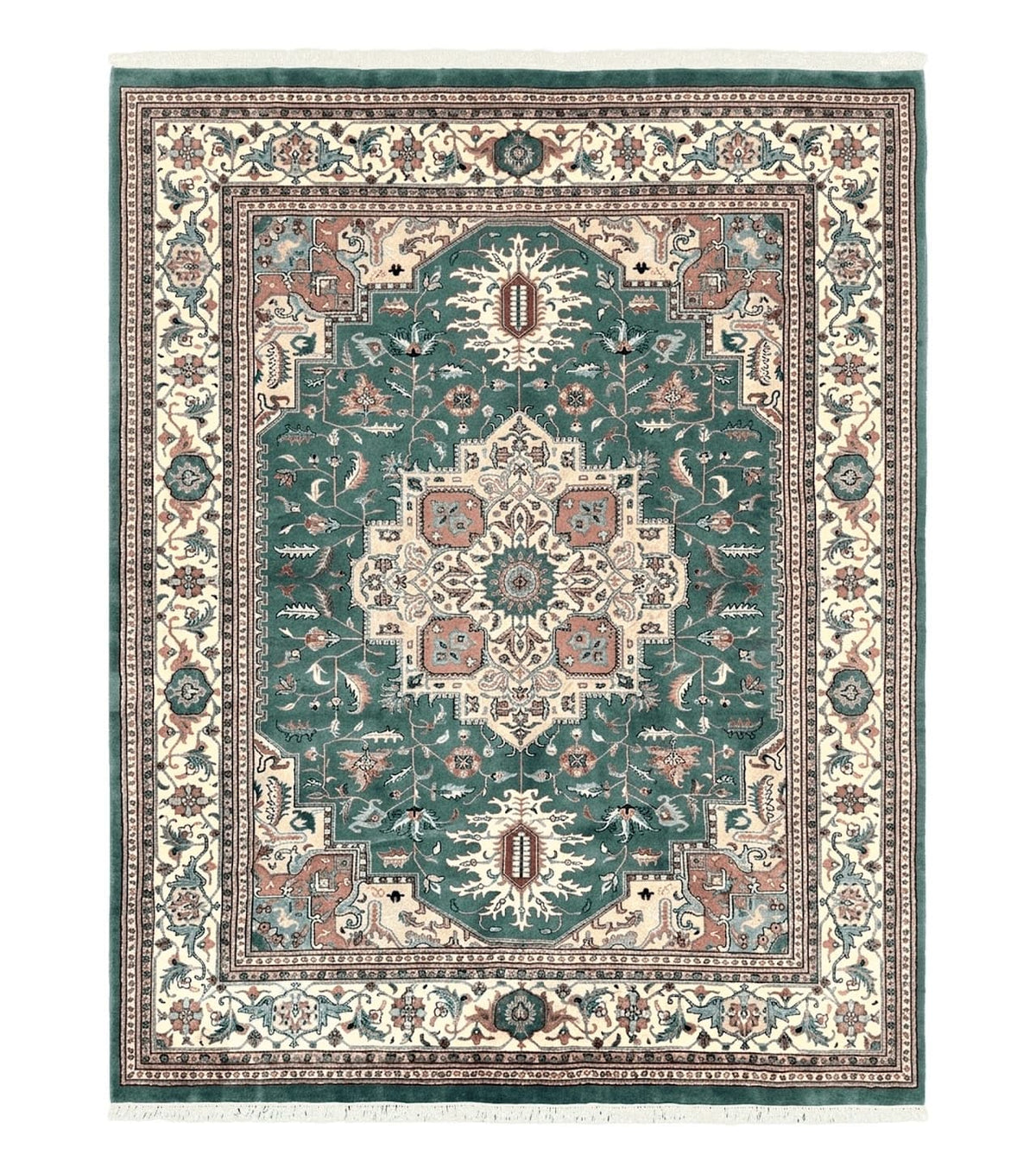 Indo Heriz Rug 9x12, Geometric Oriental Carpet, Room Sized Wool Handmade Hand Knotted Vintage Green and Cream Area Rug, Indian Rug 9 x 12 - Jewel Rugs
