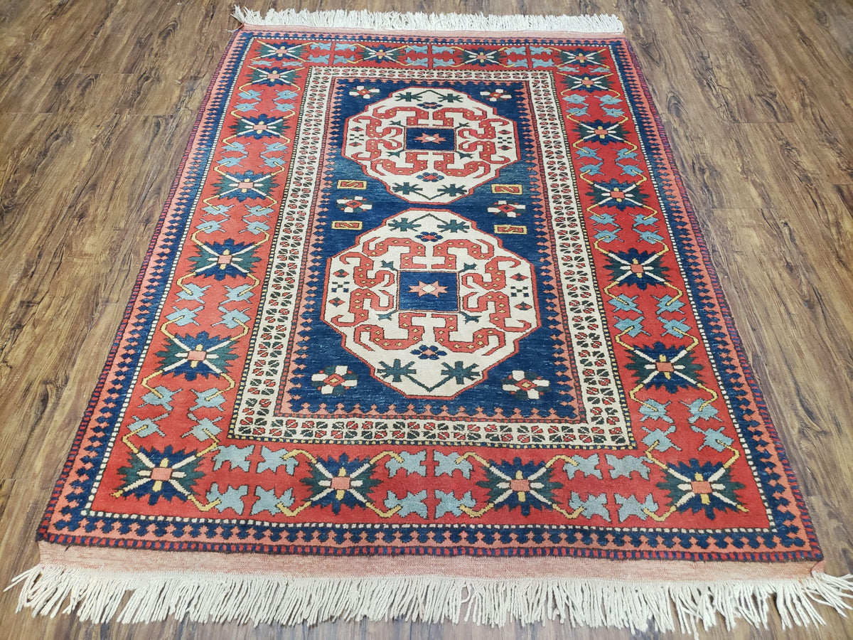Turkish Kazak Rug 5x6 Vintage Handmade Wool Carpet Geometric Blue Red - Jewel Rugs, view 2