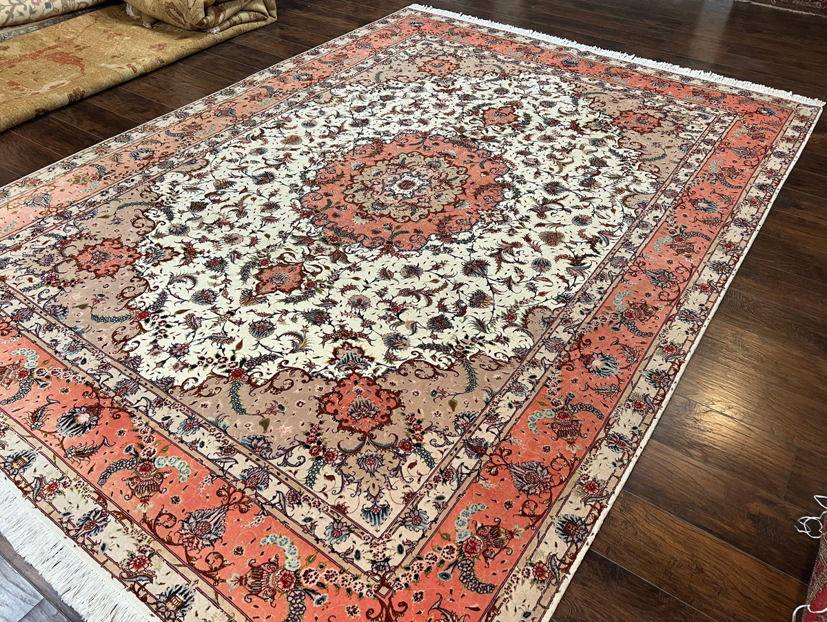 Wonderful Persian Tabriz Rug 9x12, Floral Medallion, Ivory and Salmon Red, Hand Knotted, Wool with Silk Accents, Very Fine Vintage Oriental Carpet - Jewel Rugs, view 2