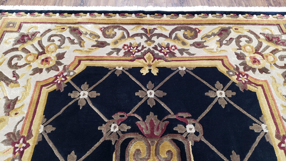 Nepal Rug 6x9, Nepalese Aubusson Area Rug 6 x 9, Hand-Knotted Wool Soft Pile Black & Beige Tibetan Aubusson New Carpet European Savonnerie - Jewel Rugs, view 4