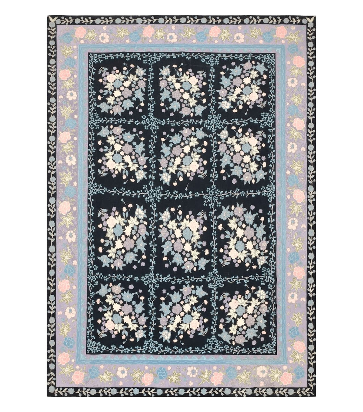 Chinese Needlepoint Rug 8 x 11.4, Hand-Woven Area Carpet, Flatweave Rug, Black Blue Light Violet Floral Garden European Design Wool Aubusson - Jewel Rugs
