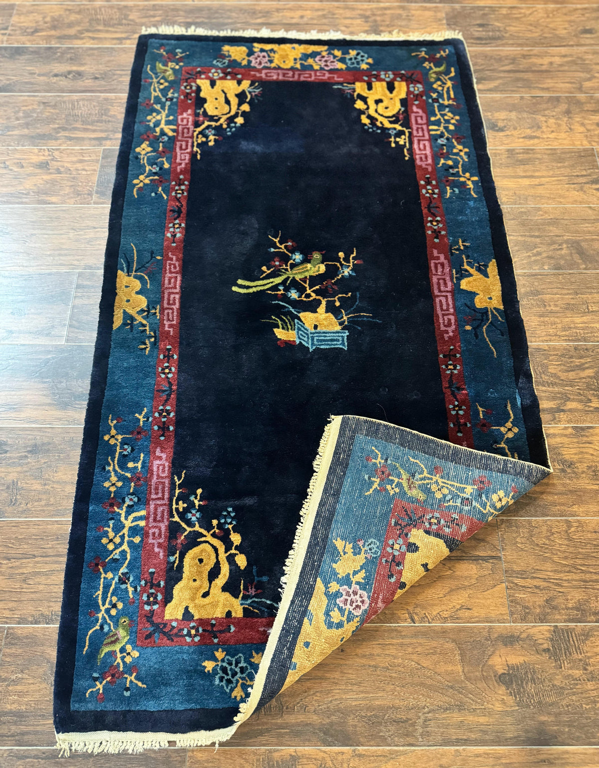 Antique Chinese Peking Rug 3x6, Dark Blue, Bird Motif, Handmade Wool Art Deco Asian Oriental Carpet, Pair B - Jewel Rugs, view 12