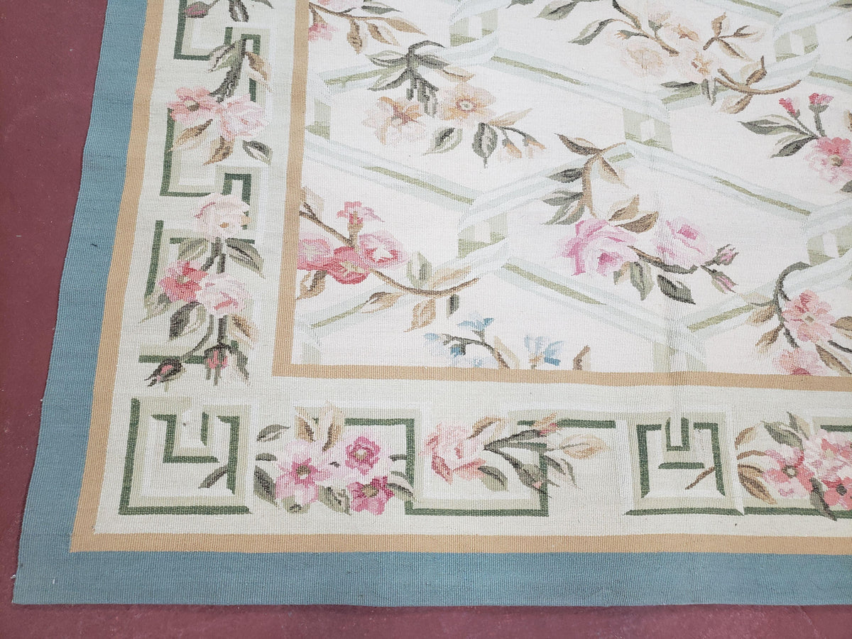 Vintage Aubusson Area Rug, Aubusson Flat weave Carpet, Floral Geometric Pattern, Beige Teal Green, 4x6 Rug, European Design - Jewel Rugs, view 8