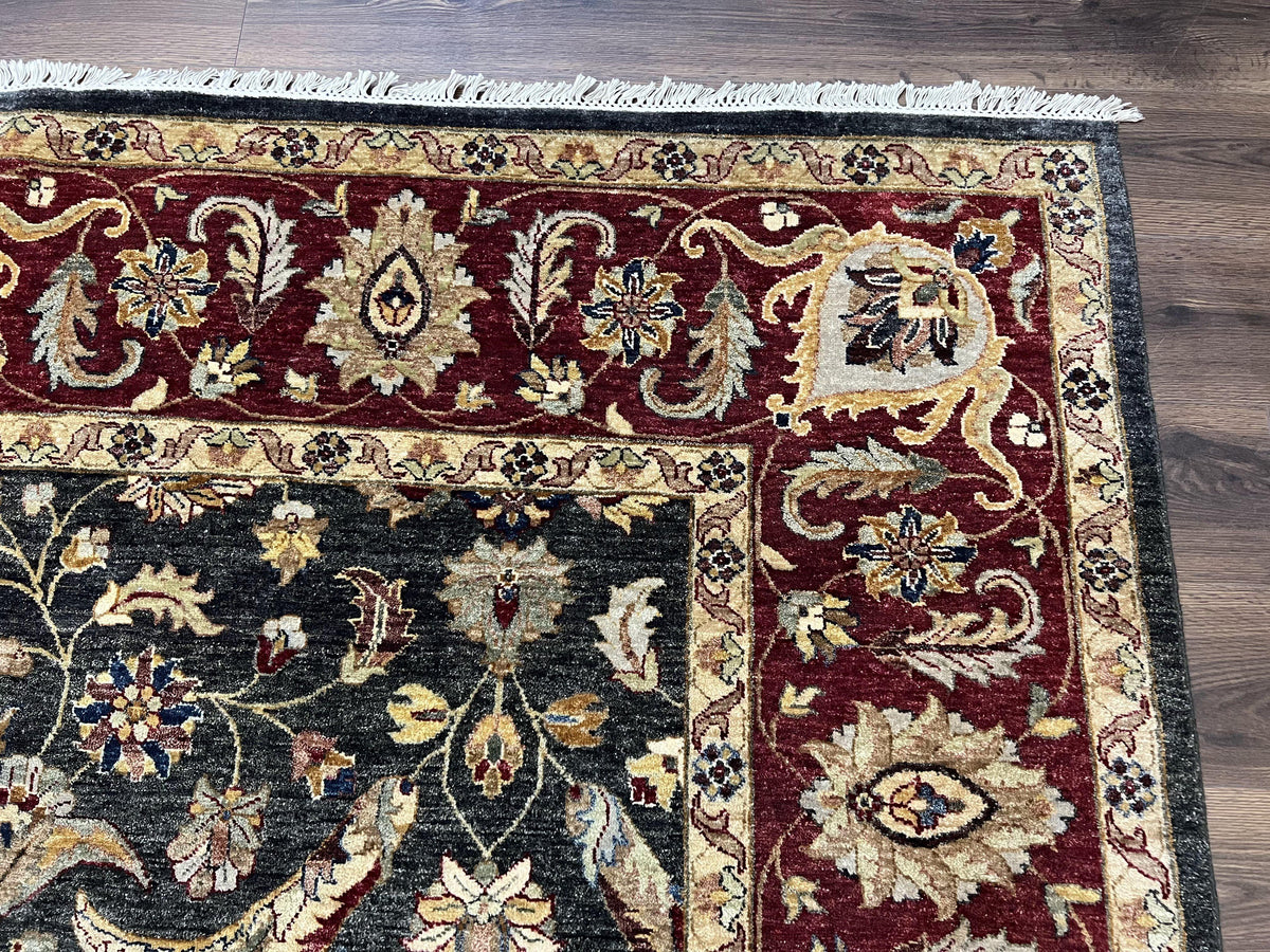 Pak Persian Mahal Rug 9x12, Allover Floral Pakistani Oriental Carpet 9 x 12, Wool Hand Knotted Area Rug, Dark Slate Gray-Black and Maroon - Jewel Rugs, view 8