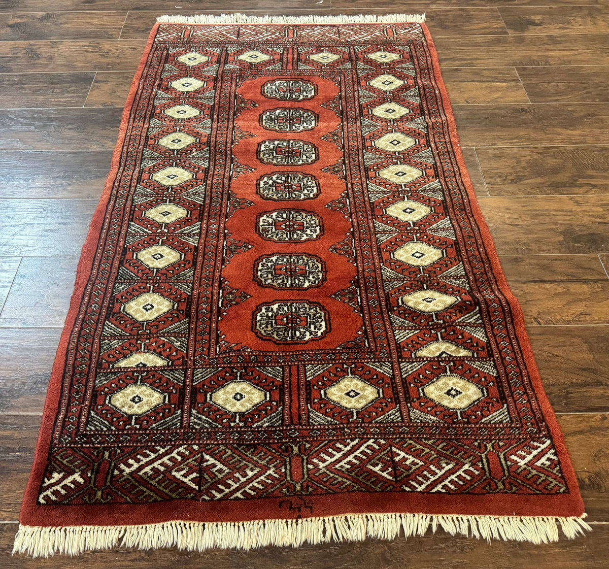 Red Pakistani Turkoman Rug 3x5, Bokhara Design, Vintage, Signed - Jewel Rugs, view 2