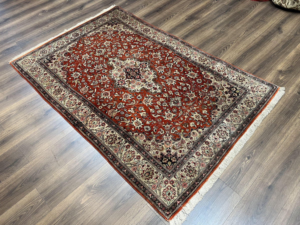Persian Qum Silk Rug 5x7 - Floral Medallion, Birds, Orange-Red - Jewel Rugs, view 12