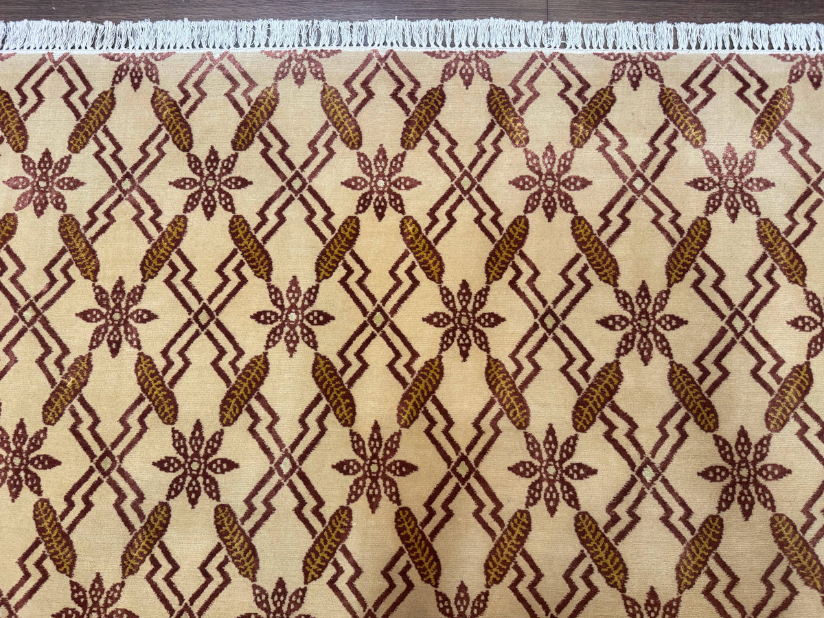 Tibetan Rug 8x10, Wool with Silk Highlights, Beige and Maroon, Contemporary Carpet - Jewel Rugs, view 4
