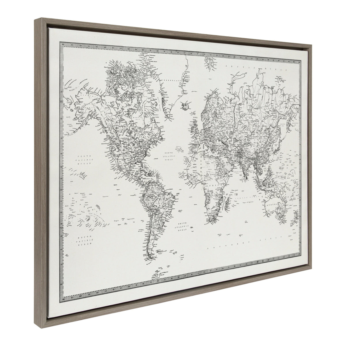 Sylvie Vintage Black and White World Map Framed Canvas by The Creative Bunch Studio