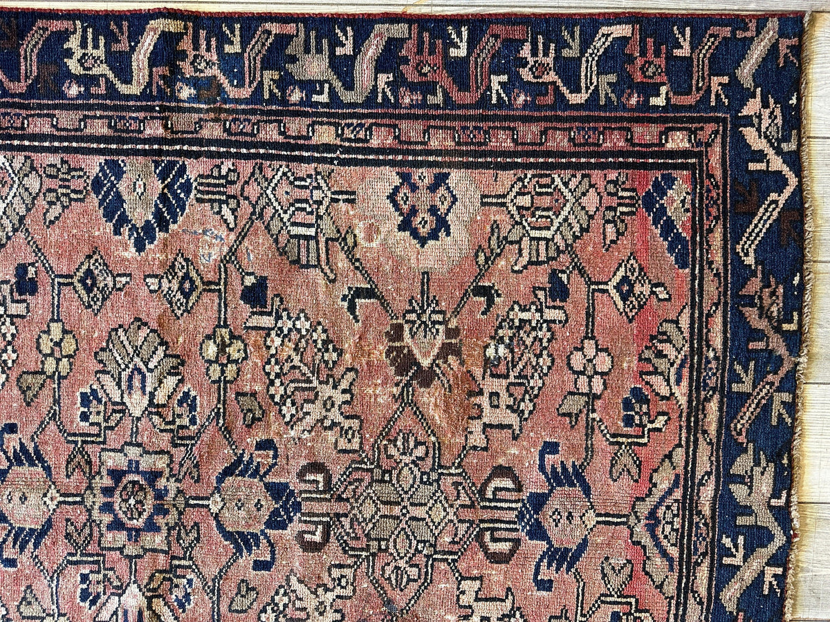 Antique Persian Lilihan Rug 4x9 | Rust, Pink & Navy | Hand-Knotted Wool - Rugistan, view 5