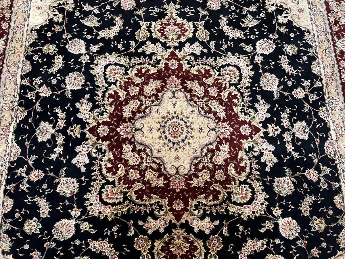 Pak Persian Rug 8.8 x 10.6, Floral Medallion, Wool and Silk Hand Knotted Fine Oriental Carpet, Elegant Rug, Black Gray Burgundy, Room Sized - Jewel Rugs, view 4