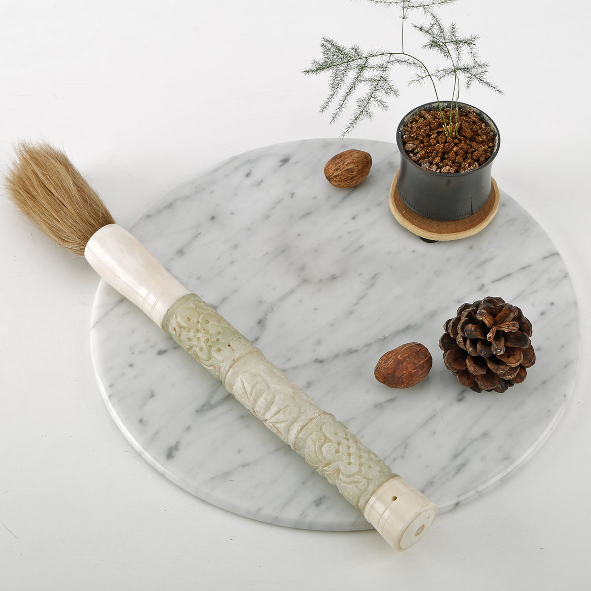 15"Hand Carved Lucky Pattern Calligraphy Brush Neutral White Jade