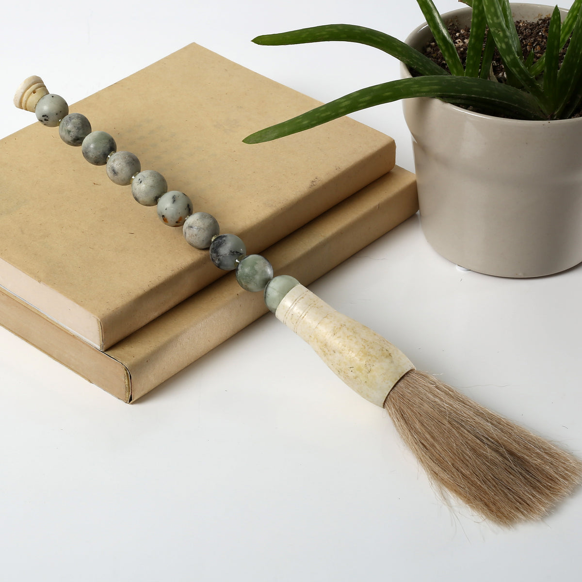 12" Jade Beads Calligraphy Brush Neutral Green