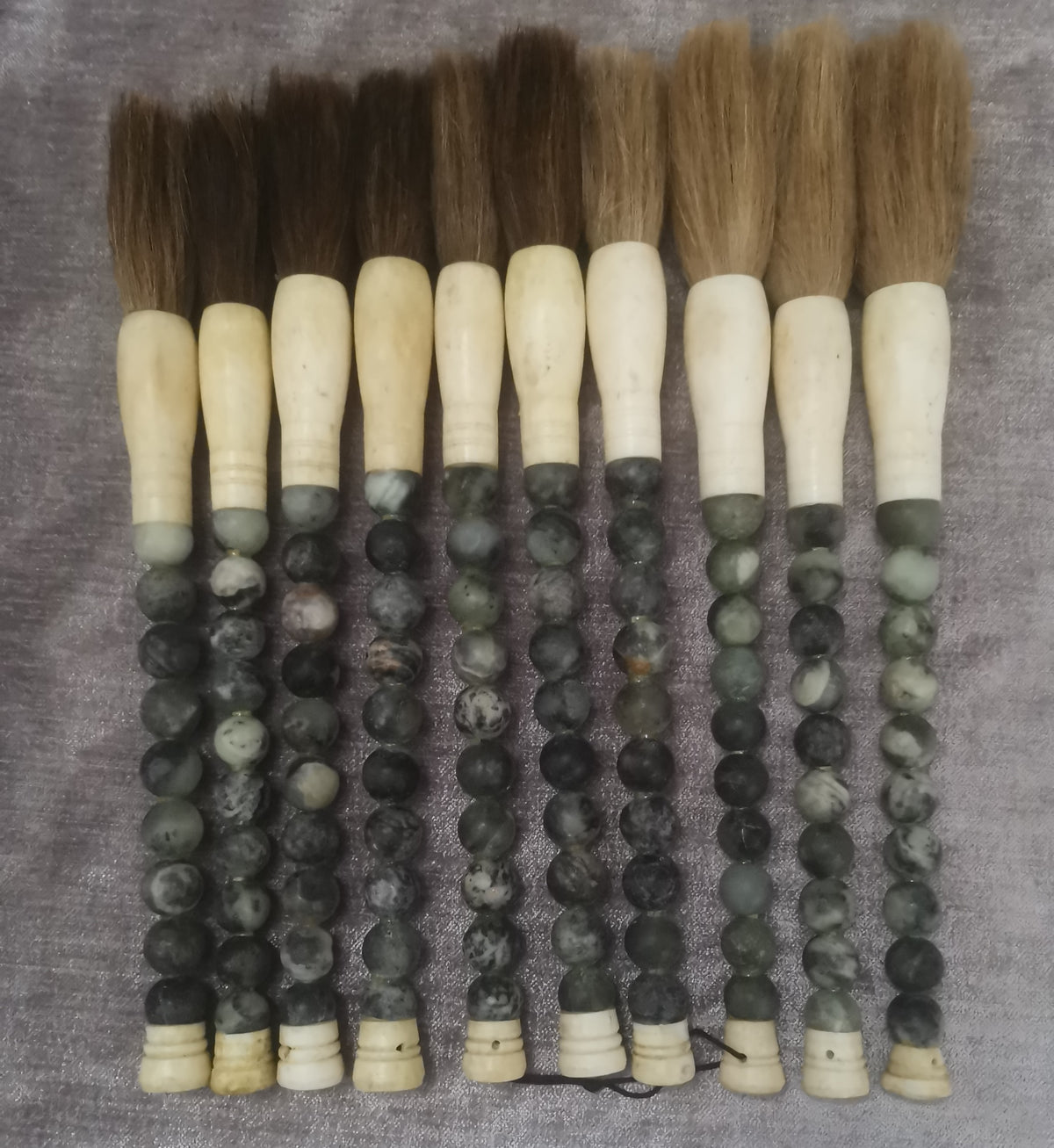 12" Jade Beads Calligraphy Brush Dark Neutral Green