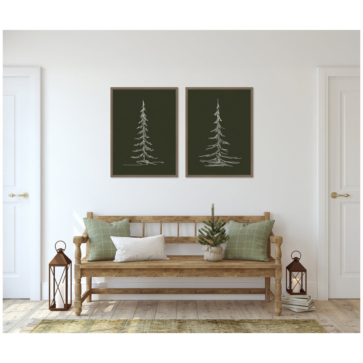 Sylvie Minimalist Evergreen Trees Sketch - 2 Piece Framed Canvas Art Set by The Creative Bunch Studio
