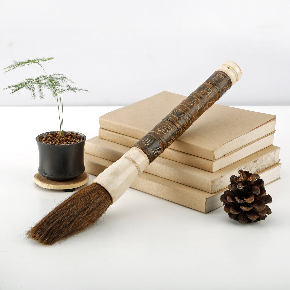 15" Calligraphy Brush with Hand Carved Pictograph Jade Dark Brown