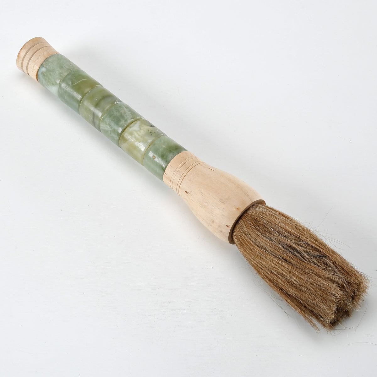Approx. 16" Calligraphy Brush Neutral White Jade Cylinder With Wood Handle