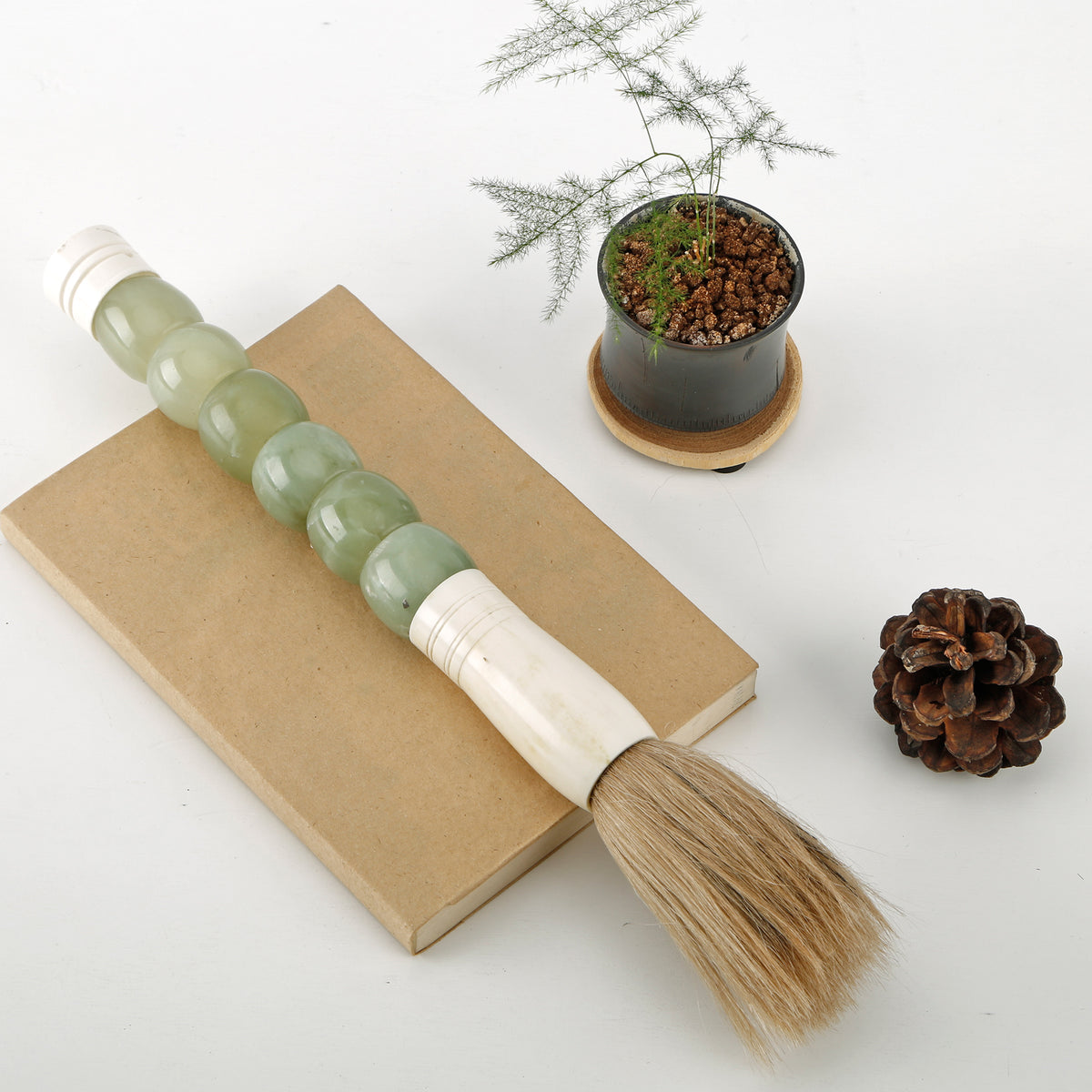 14" Calligraphy Brush Neutral Green Jade Beads