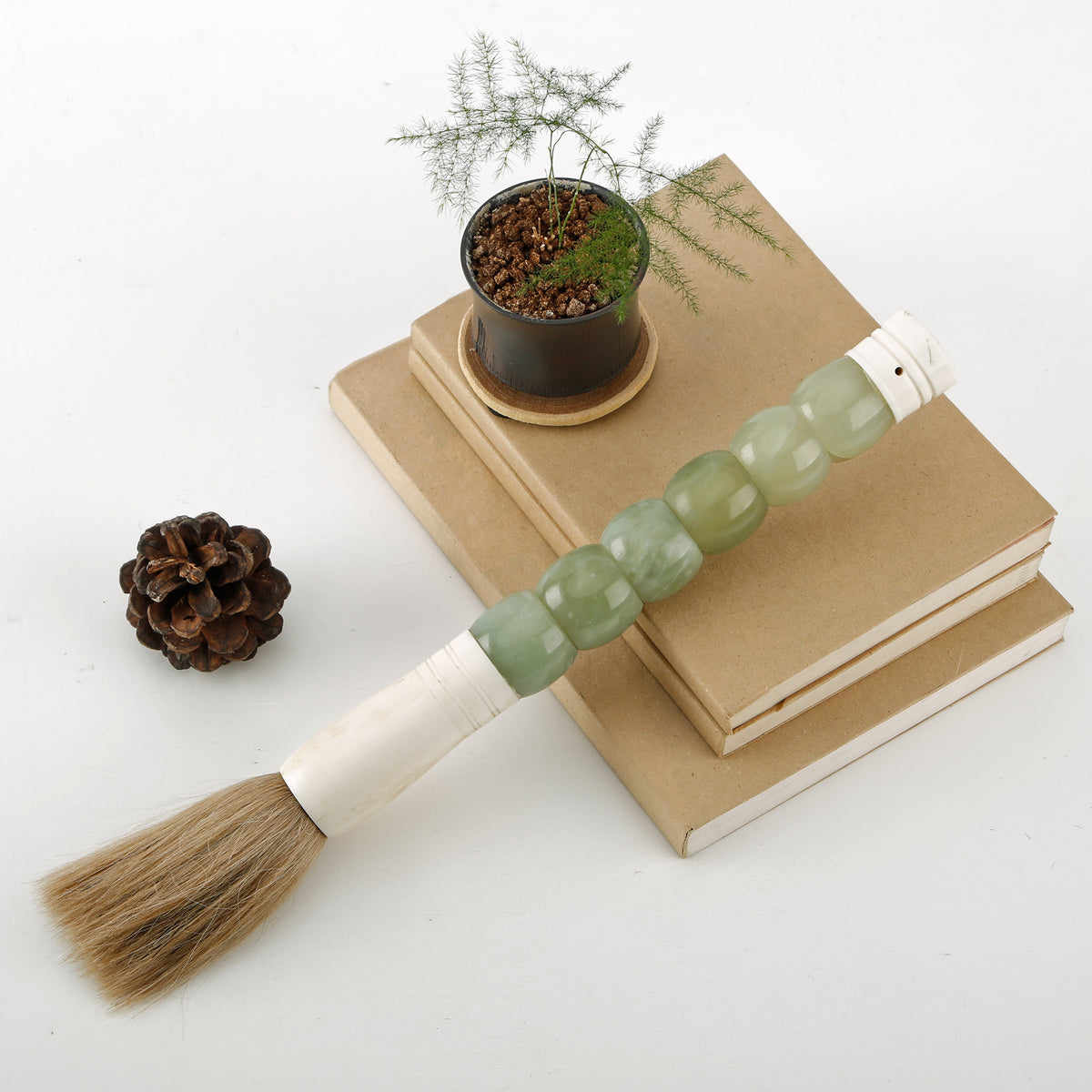 14" Calligraphy Brush Neutral Green Jade Beads