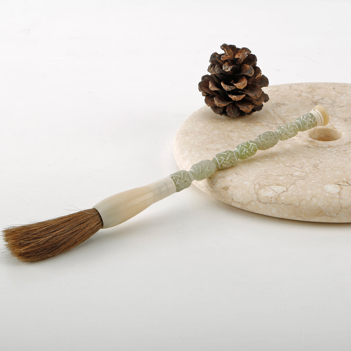 11" Calligraphy Brush with Lucky Pattern Neutral White Jade