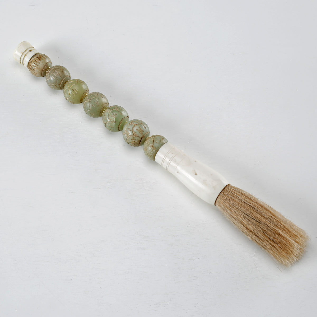 Approx.13" Carved Neutral GreenJade Beads Calligraphy Brush