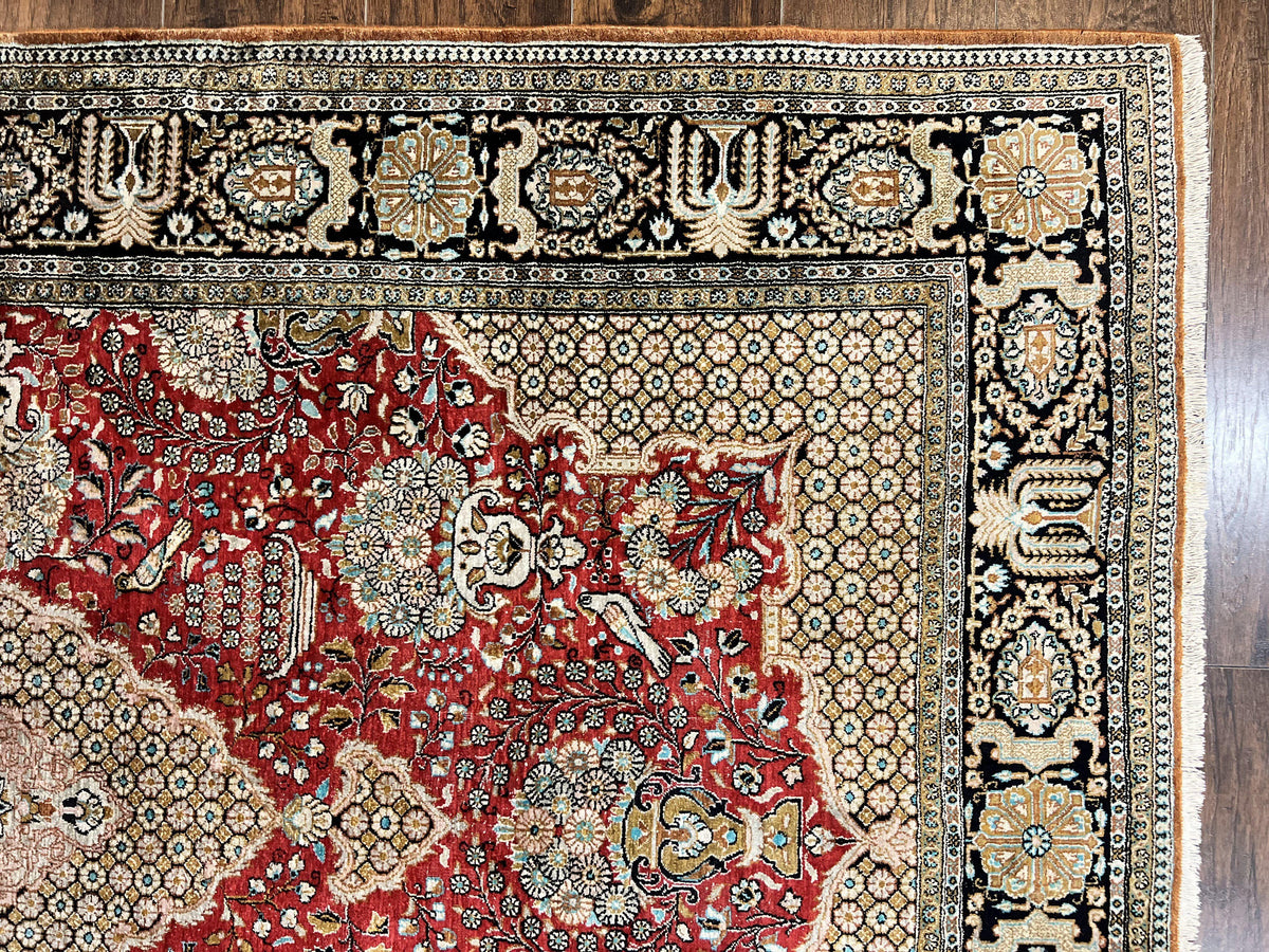 Wonderful Persian Silk Rug 5x7, Birds Floral Vases, Red, Hand Knotted Silk Fine Oriental Carpet, Handmade Vintage, Persian Qum Rug, 400 KPSI - Jewel Rugs, view 7