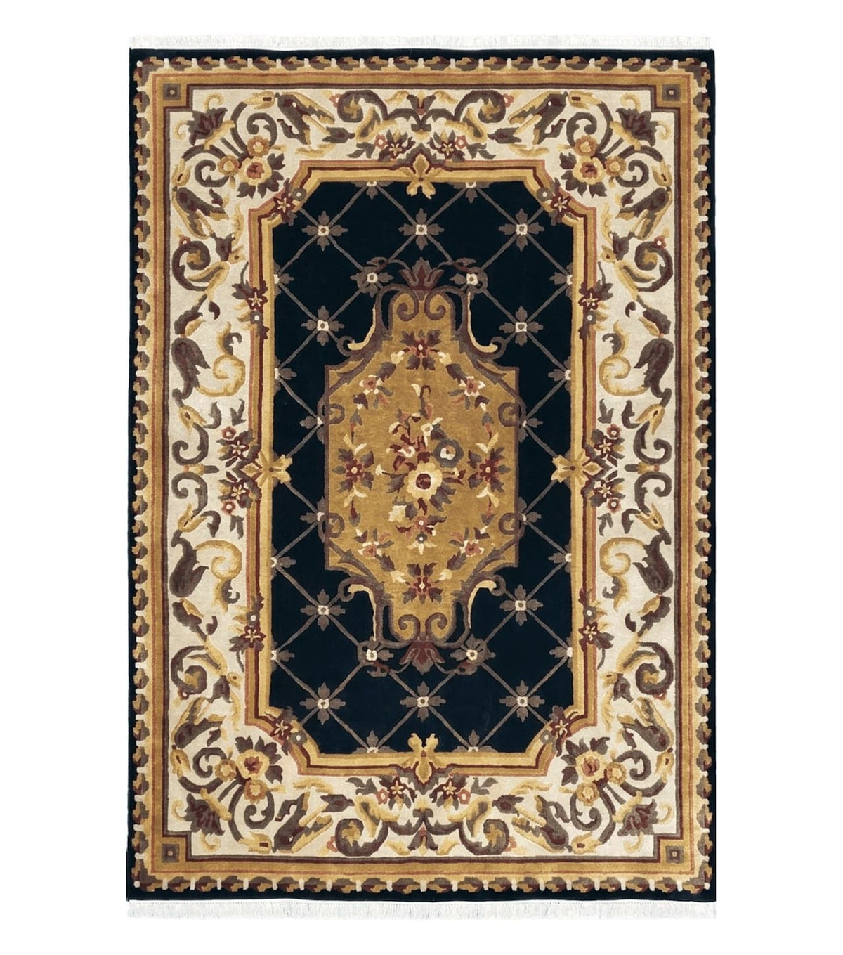 Nepal Rug 6x9, Nepalese Aubusson Area Rug 6 x 9, Hand-Knotted Wool Soft Pile Black & Beige Tibetan Aubusson New Carpet European Savonnerie - Jewel Rugs