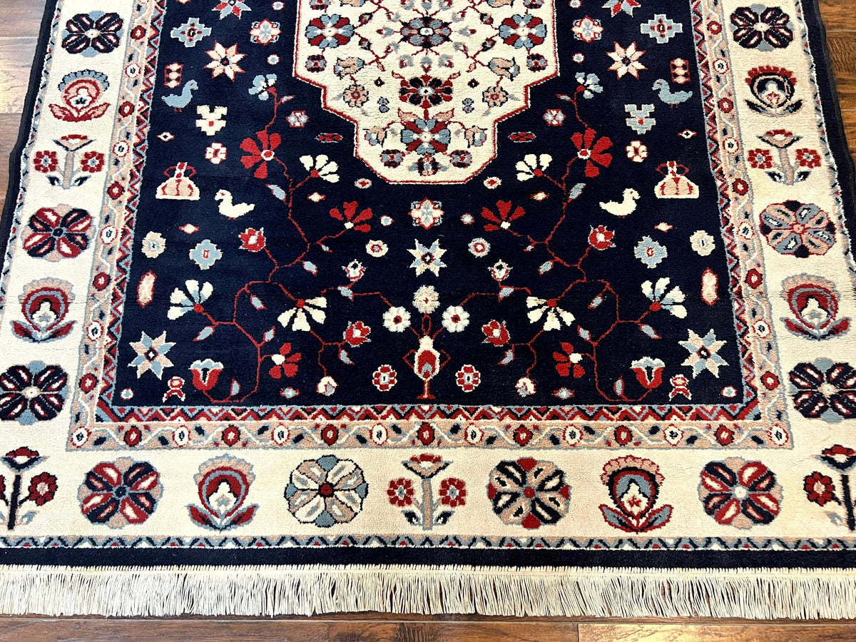 Belgium Power Loomed Rug 5.6 x 7, Navy Blue and Ivory, Heriz Pattern, Vintage Oriental Carpet - Jewel Rugs, view 6