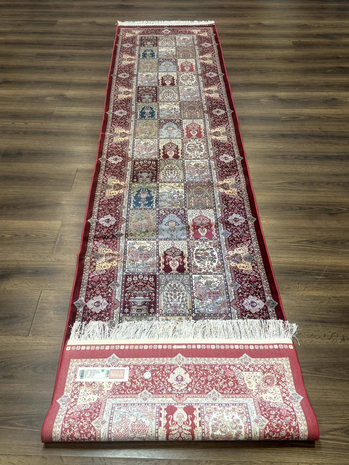 Turkish Silk Runner Rug 2.6 x 11.6, Panel Design, Dark Red Ivory, Bamboo Silk, New - Jewel Rugs, view 11