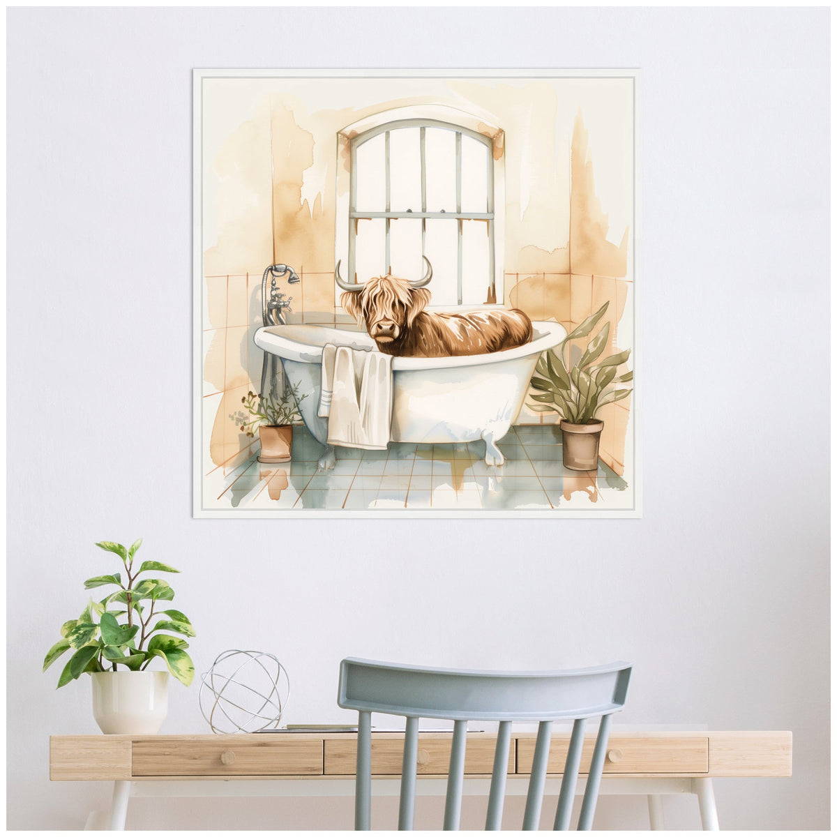 Sylvie Highland Cow Bathroom Watercolor Framed Canvas by The Creative Bunch Studio