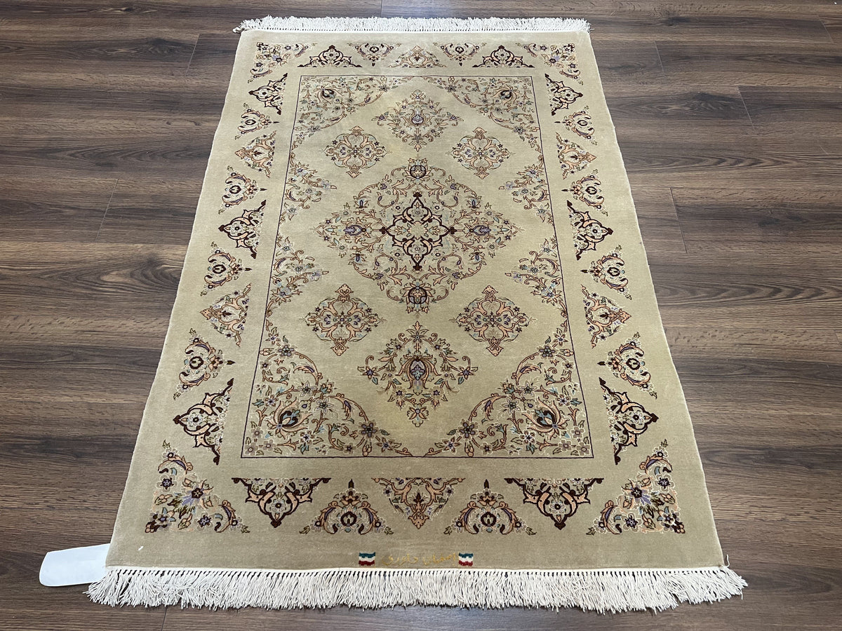 Very Fine Persian Isfahan Rug 3x5 ft with Signature, Kork Wool on Silk Foundation, Gray-Taupe Vintage Hand Knotted Oriental Carpet, 60 Raj 460 KPSI - Jewel Rugs