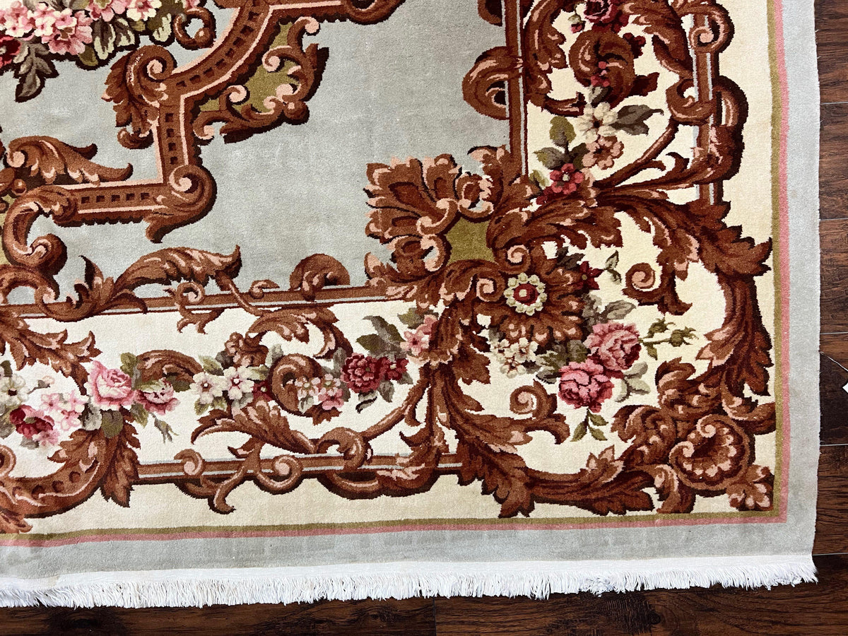 Aubusson Rug 10x13, Cream and Light Mint Green Hand Knotted Handmade French Savonnerie European Carpet, Wool Pile, Large Room Sized Vintage - Jewel Rugs, view 10