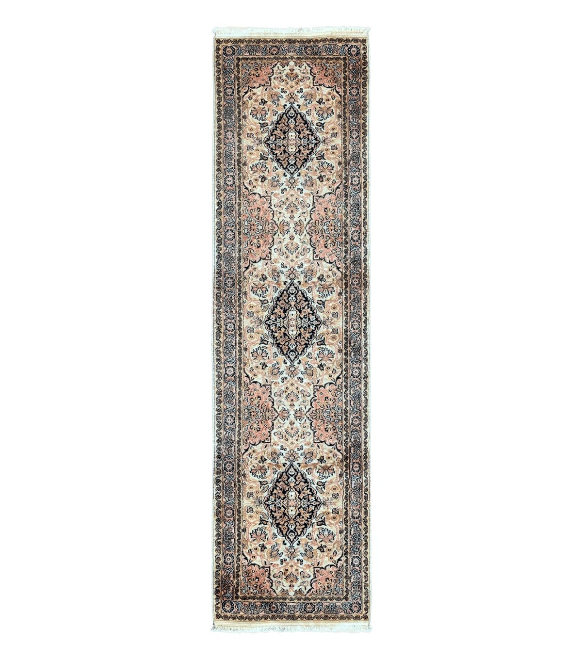Silk Indian Kashmiri Runner Rug 2.7 x 9.8, Floral Medallions - Jewel Rugs