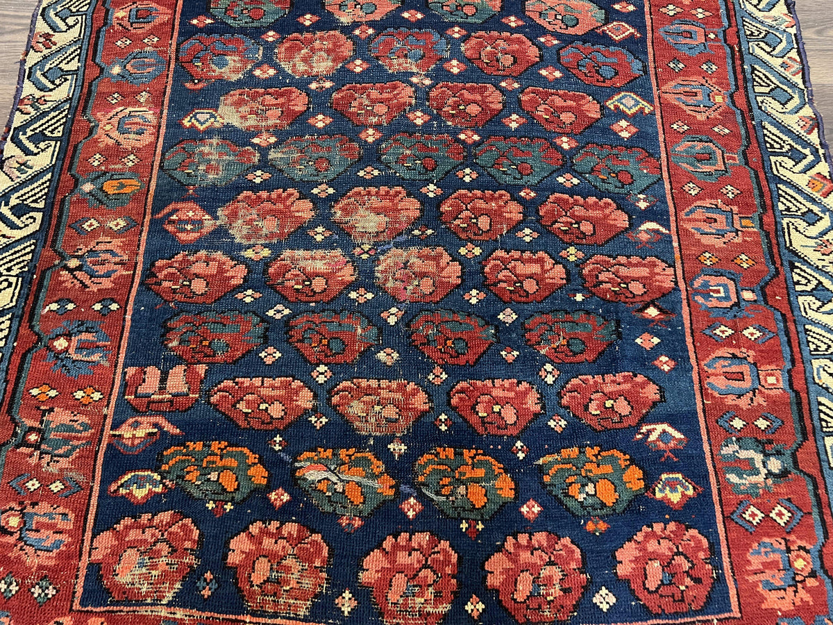 Antique Seychour Rug 4x7, Collectible Kuba Caucasian Carpet, Wool Handmade, Red Navy Blue Cream, Repeated Allover Motif, Early 20th Century - Jewel Rugs, view 4