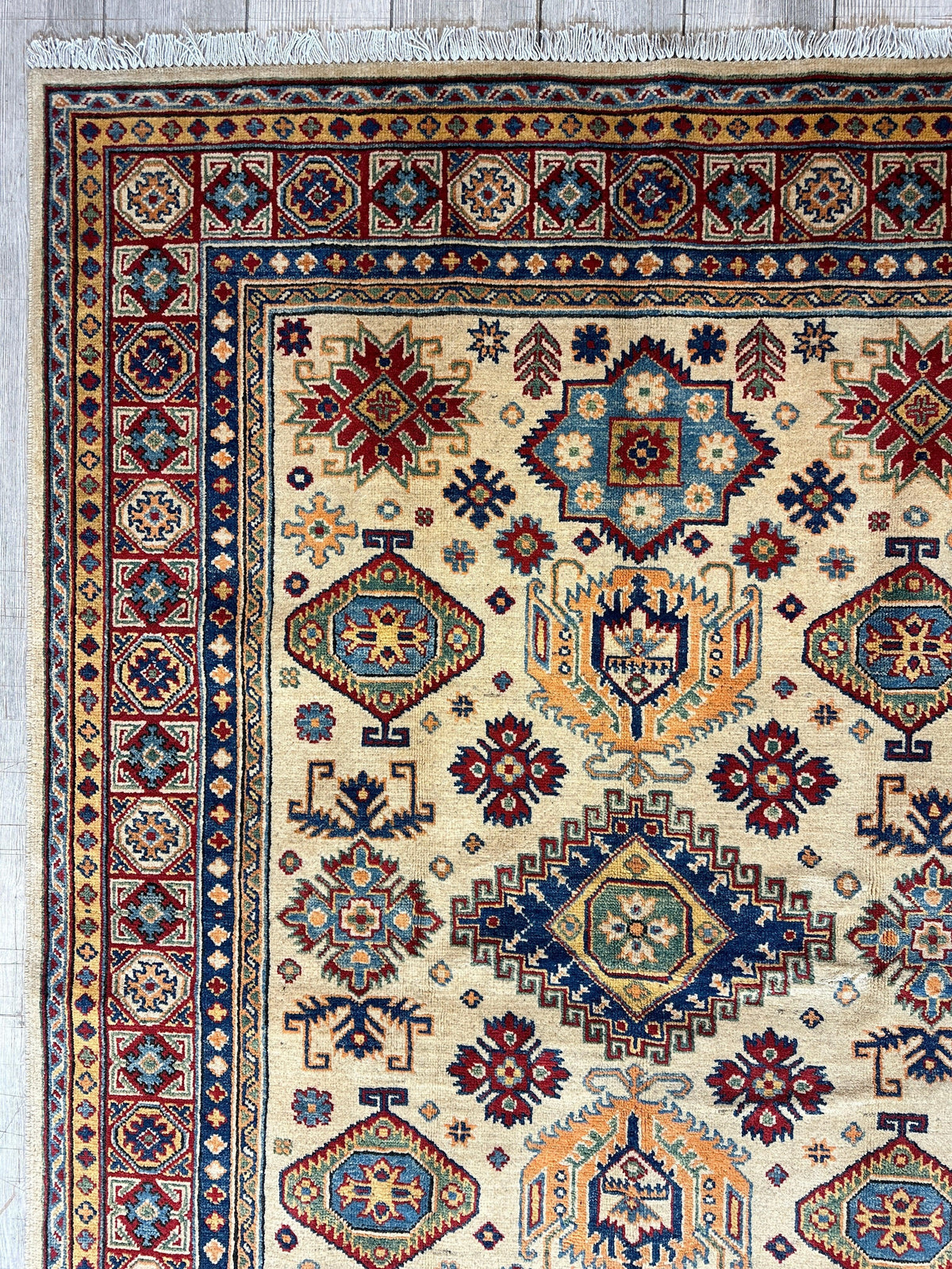 Afghan Kazak Medallion Rug 5x7 | Ivory, Red, Navy & Light Blue | Hand-Knotted Wool - Rugistan, view 6