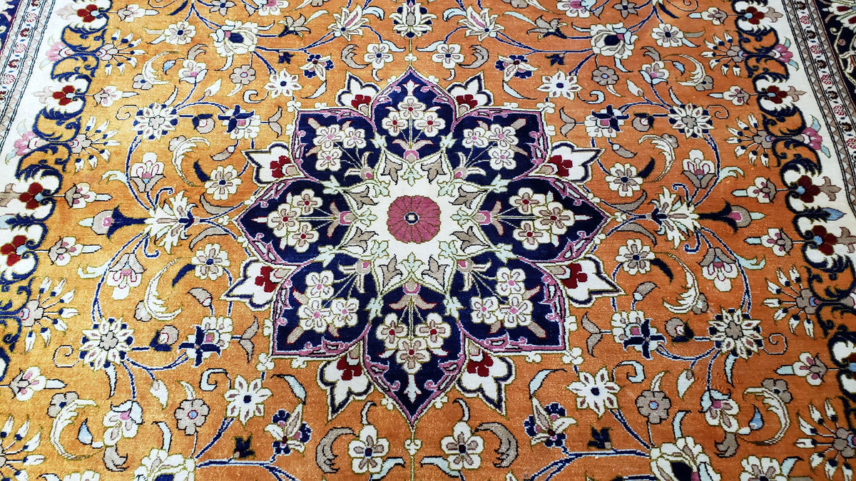 Vintage Persian Qum Silk Rug 4.6 x 6.7, Burnt Orange and Navy Blue, Antique Oriental Very Fine Signature Master Weaver 350+ KPSI Ghom Qom 5x7 Rug - Jewel Rugs, view 3