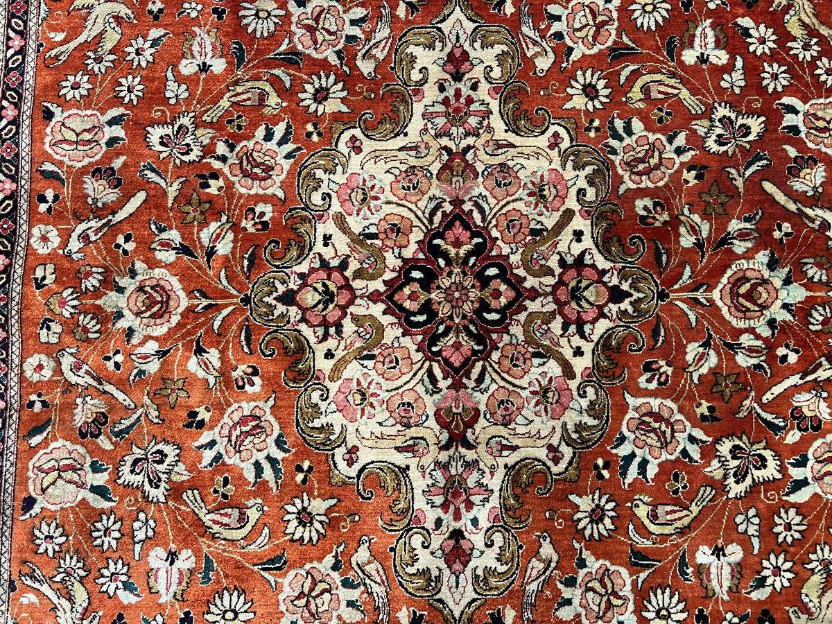 Persian Qum Silk Rug 5x7 - Floral Medallion, Birds, Orange-Red - Jewel Rugs, view 11