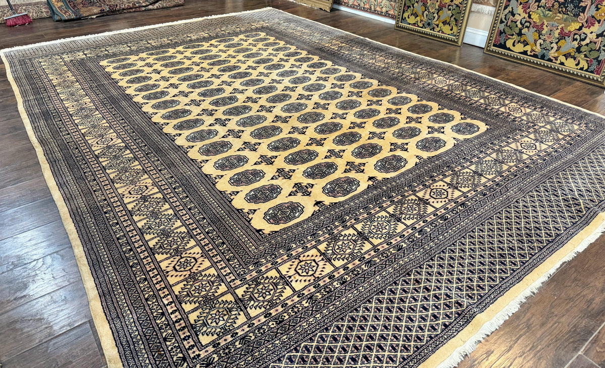Pakistani Bokhara Turkoman Rug 9x11, Cream, Handmade Wool Vintage Carpet - Jewel Rugs, view 13