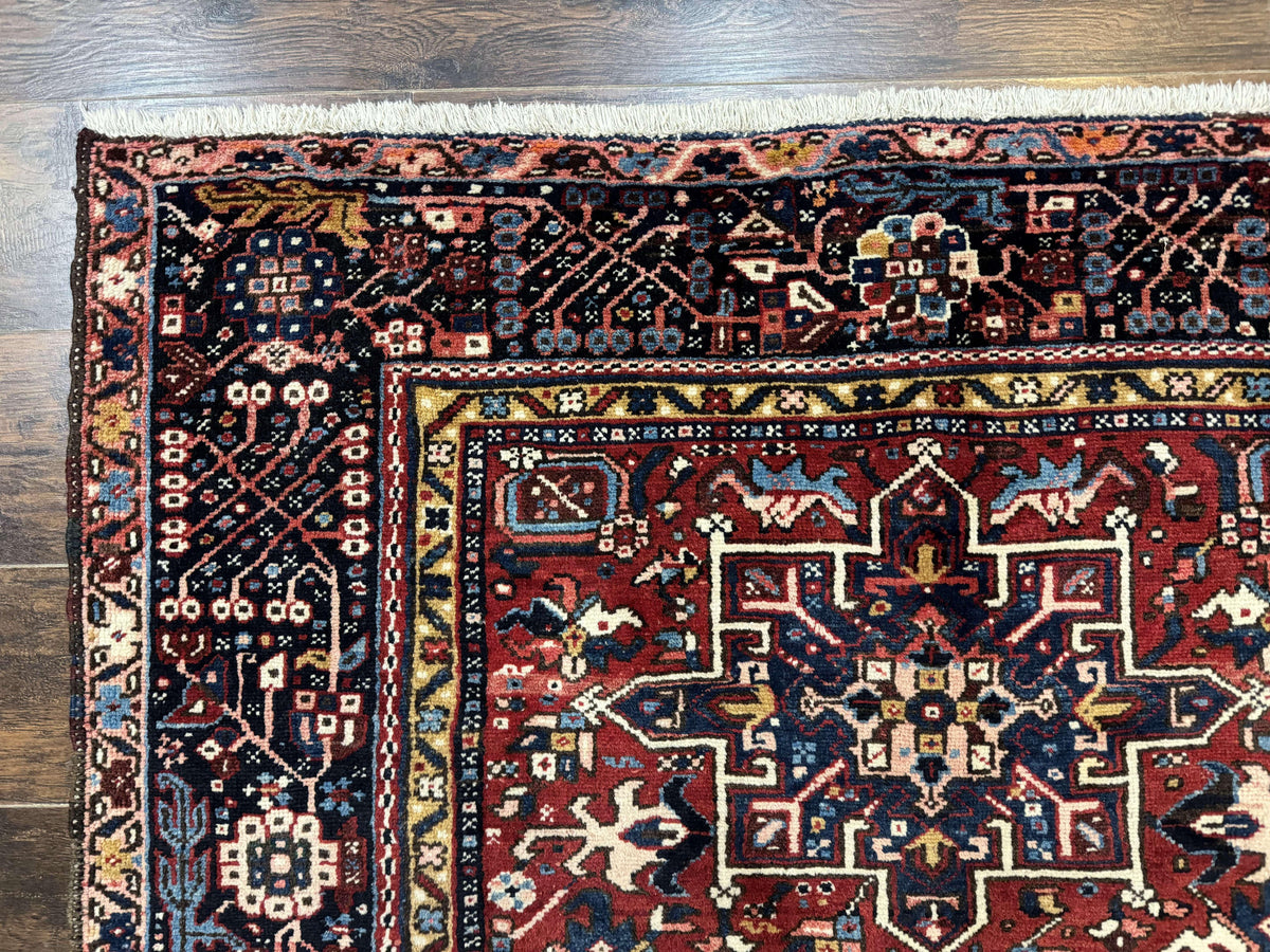 Persian Karajeh Rug 5x6, Antique Heriz Carpet, Geometric, Persian Tribal Rug, Brick Red Navy Blue - Jewel Rugs, view 7