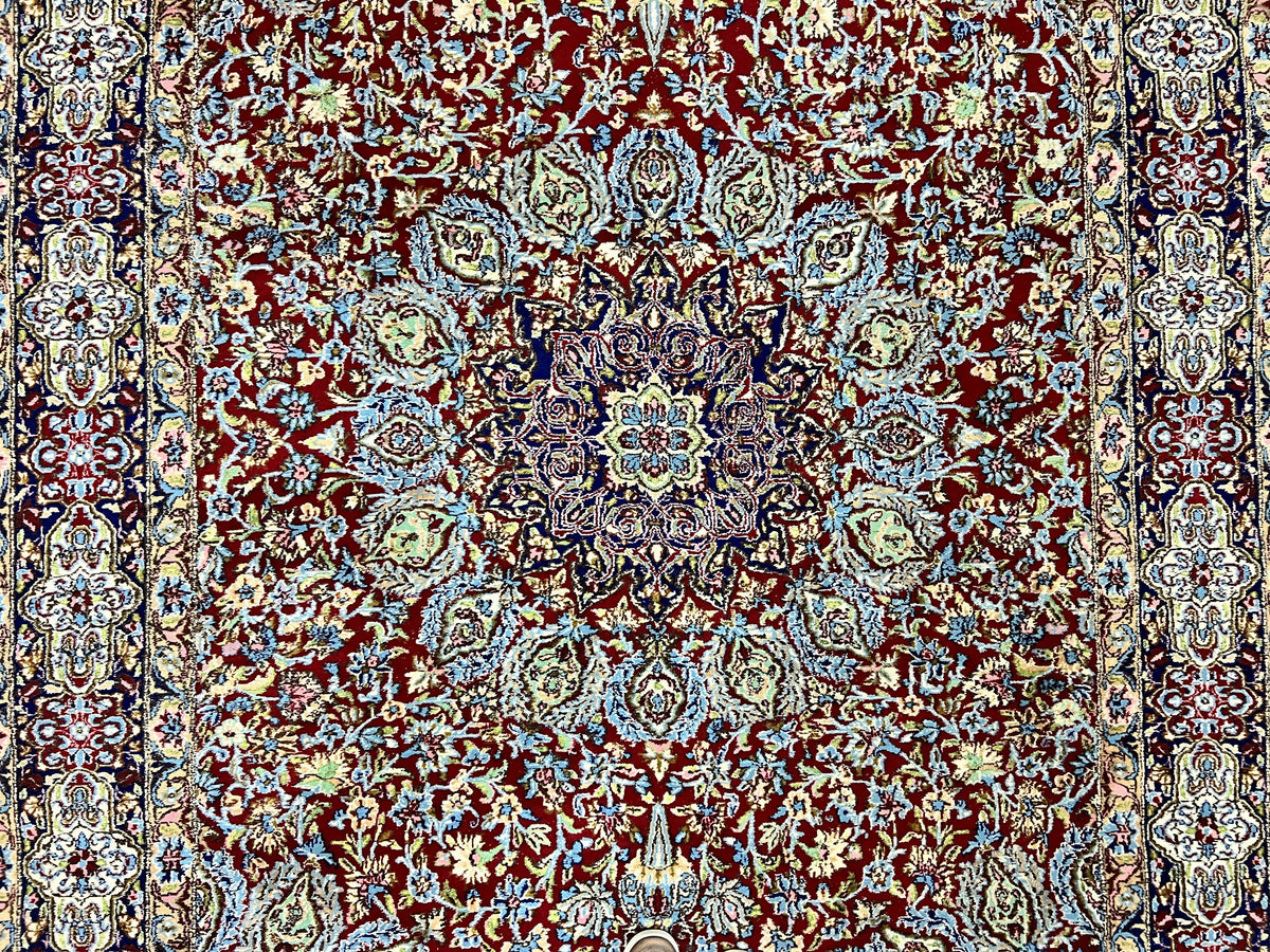 Persian Kirman Rug 7x10, Hand Knotted Wool Floral Medallion Carpet, Dark Red - Jewel Rugs, view 4