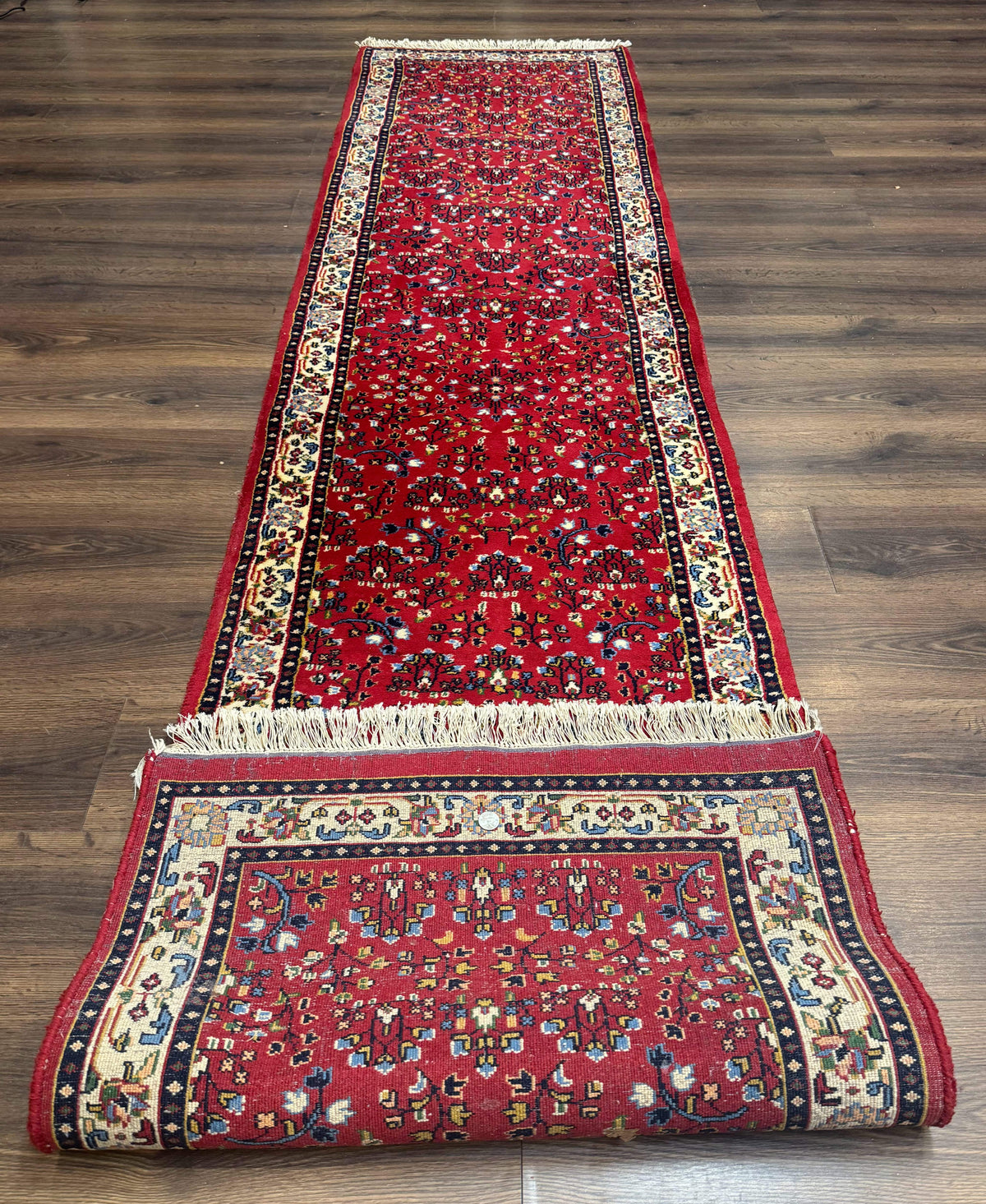Indo Persian Sarouk Runner Rug 3 x 12, Red and Cream, Allover Pattern, 12ft Runner, Hand Knotted - Jewel Rugs, view 11
