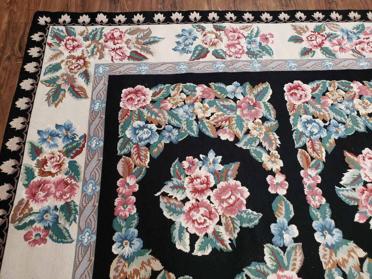 Floral Needlepoint Rug 9.5 x 13.6, Floral Panel Design, Black and Ivory Flatweave Aubusson Carpet, Multicolor - Jewel Rugs, view 7