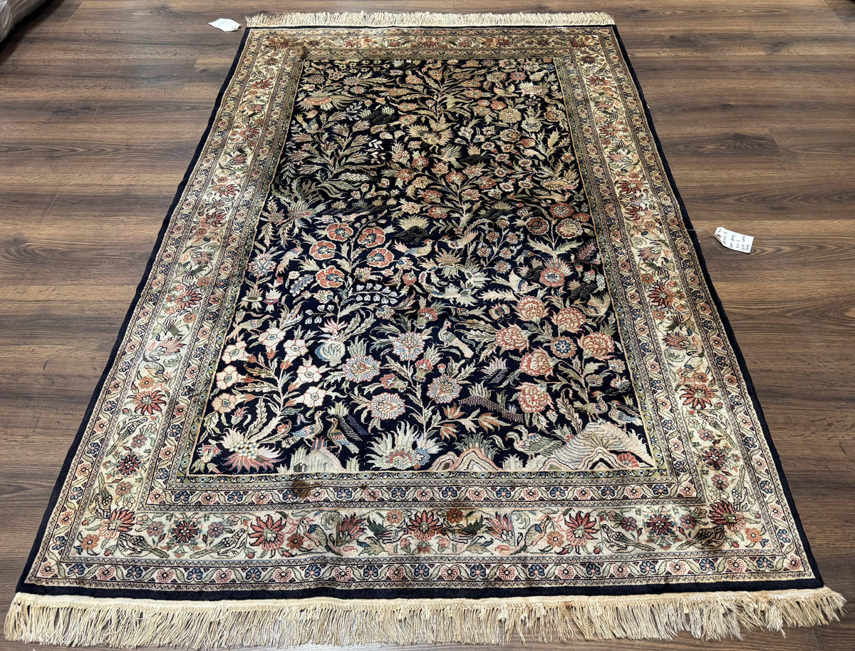 Silk Rug 4x6, Black and Cream, Floral & Bird Pictorials, Fine 330 KPSI, Sino Persian Rug - Jewel Rugs, view 2