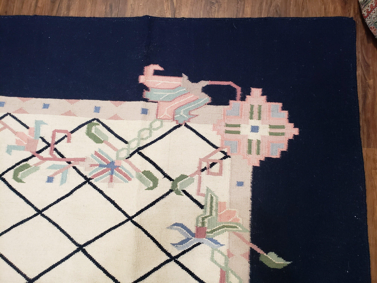 Vintage Dhurrie Rug, Indian Dhurrie 8x11 - 9x11, Wool Hand-Woven Ivory & Black Indo Carpet, Large Flat Weave Rug Living Room Rug Black White - Jewel Rugs, view 8