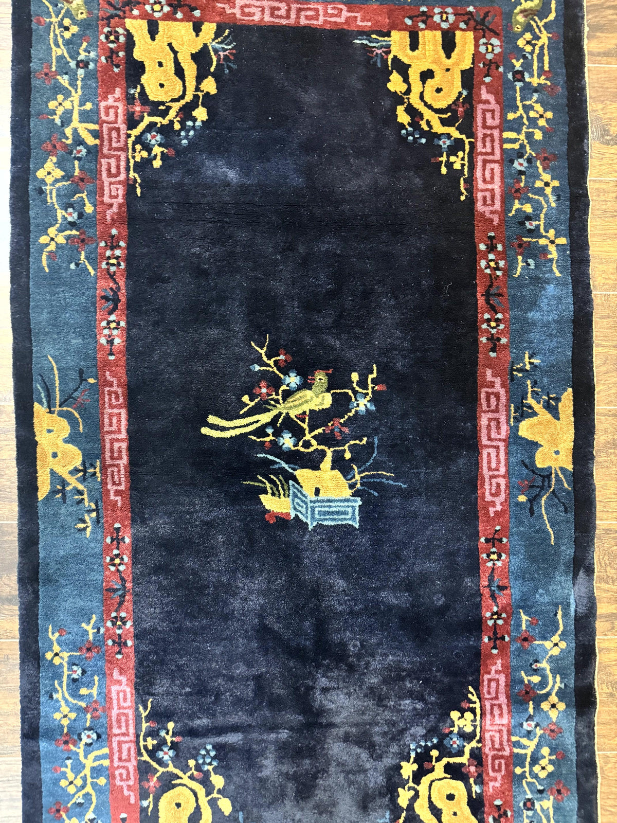 Antique Chinese Peking Rug 3x6, Dark Blue, Bird Motif, Handmade Wool Art Deco Asian Oriental Carpet, Pair B - Jewel Rugs, view 5