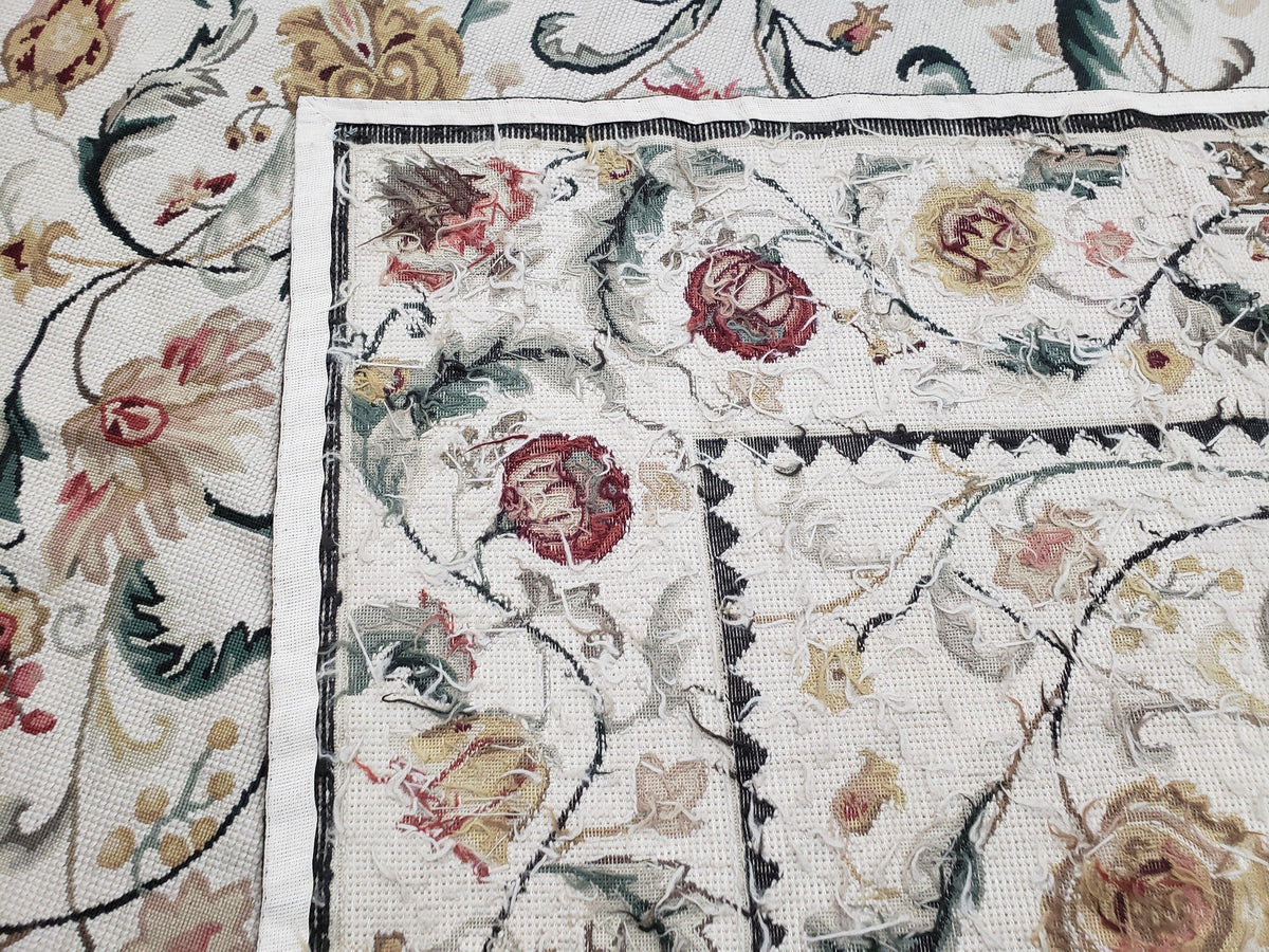 New Needlepoint Rug 9x12, Hand Woven Wool Area Rug, Flatweave Carpet, Handmade Chinese Needlepoint, Floral European Design, Ivory Background - Jewel Rugs, view 11