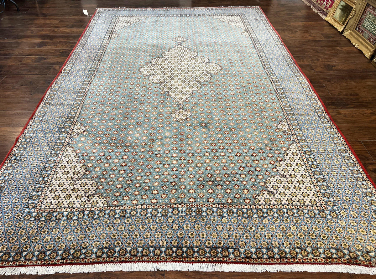 Rare Persian Rug 8x12, Qum Rug, Repeated Star Motifs, Blue and Ivory, Fine 300 KPSI, Hand Knotted Handmade Vintage Wool Rug - Jewel Rugs, view 13