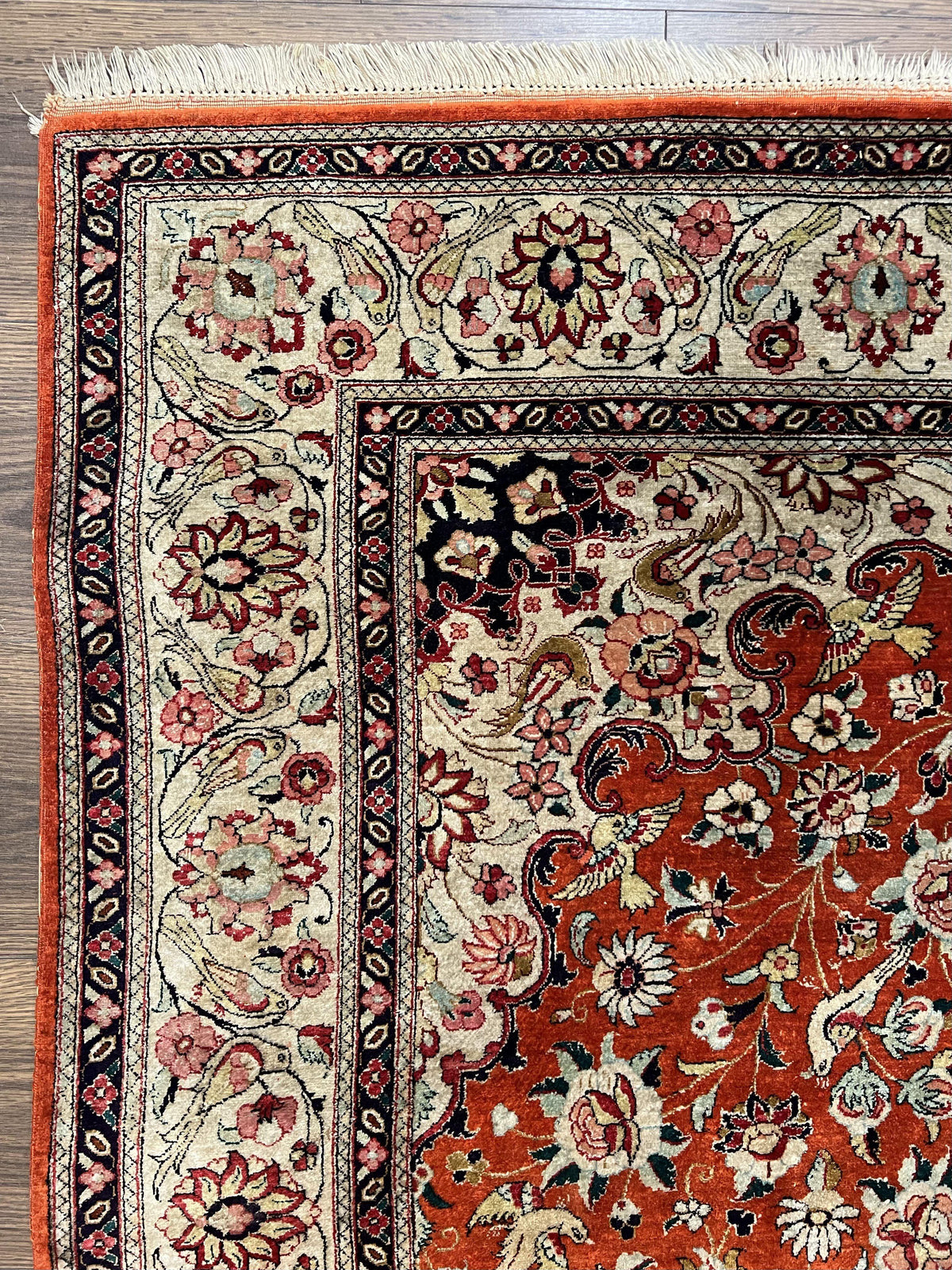 Persian Qum Silk Rug 5x7 - Floral Medallion, Birds, Orange-Red - Jewel Rugs, view 6