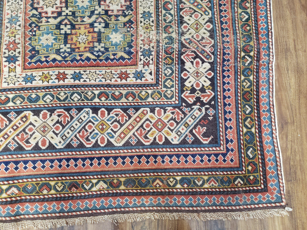 Caucasian Rug 3'9" x 5'7", Antique 1920s Collectible Caucasian Chi Chi Carpet, Hand Knotted, Colorful, Dark Blue Cream Red, Wool, Small Rug - Jewel Rugs, view 10
